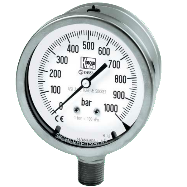 All Stainless Steel- Pressure Gauges with Bourdon Tube for exceptional safety, Indication range, 0.